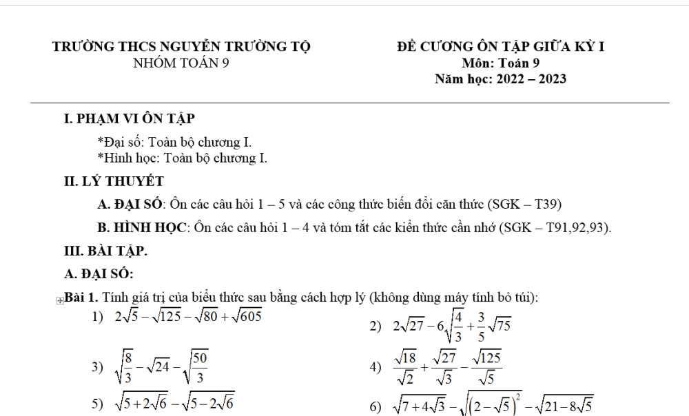 Toán 9: Đề cương Ôn tập giữa học kỳ 1. Trường THCS Nguyễn Trường Tộ năm học 2022-2023